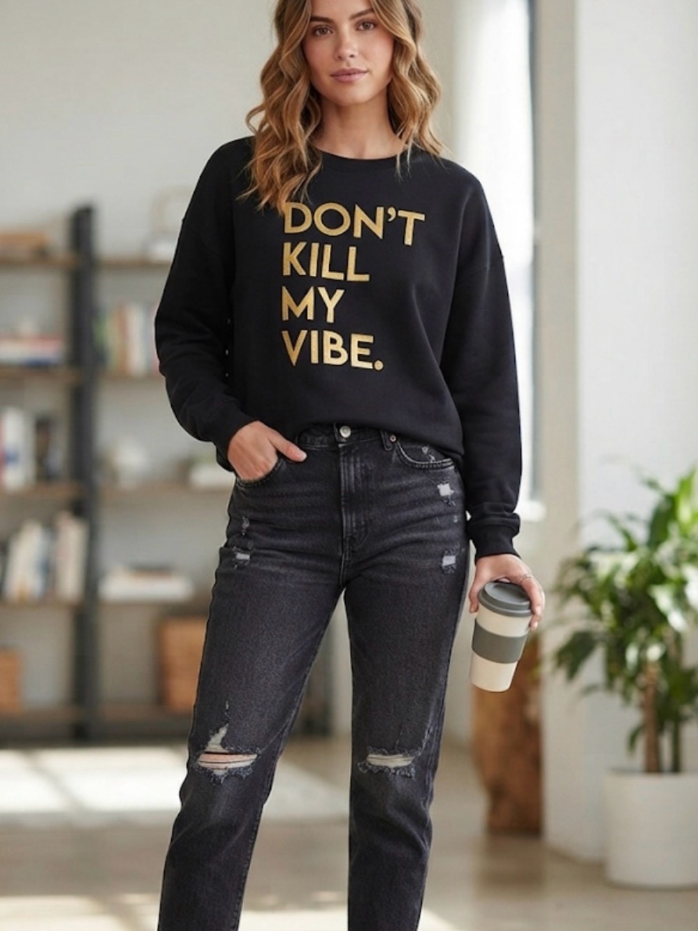 NWOT Francesca's Black Sweatshirt Gold Embroidered Don’t Kill My Vibe